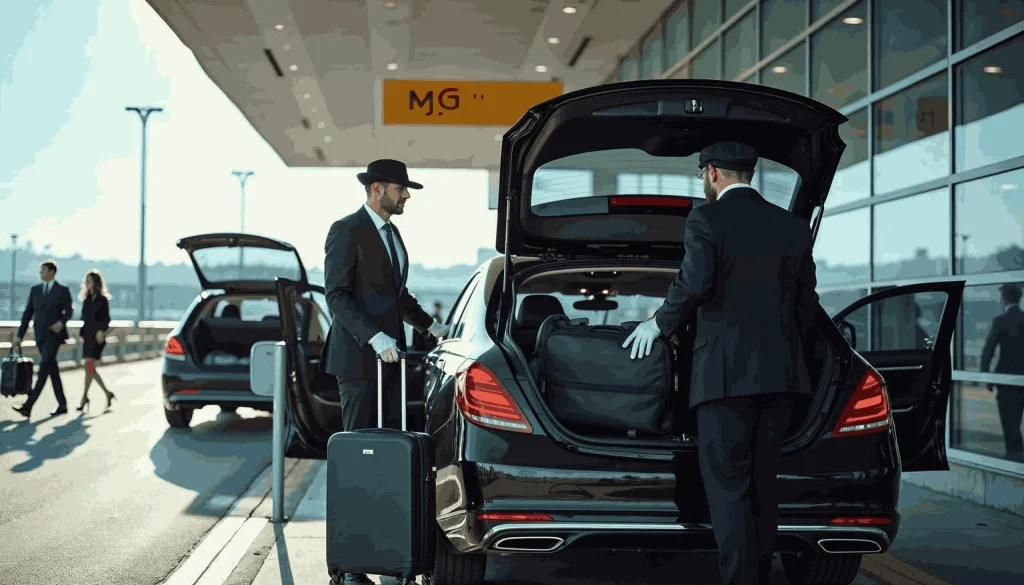 Chauffeur helping traveler with luggage outside Ronald Reagan Washington National Airport (DCA) for private airport transfer service.