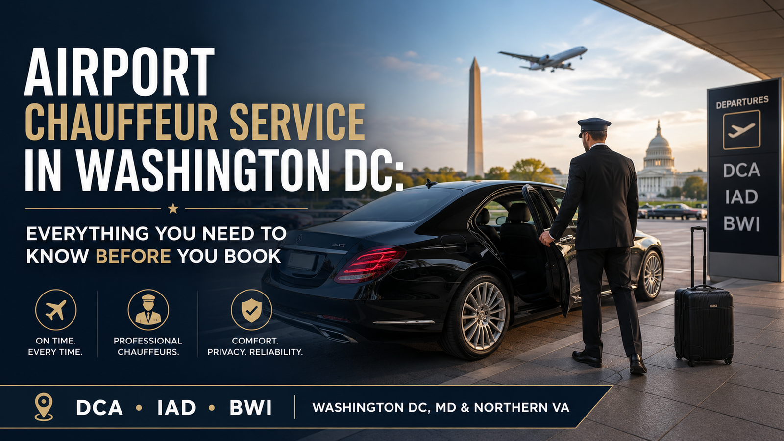 Washington DC airport chauffeur service with luxury black sedan at DCA, IAD, and BWI airports.