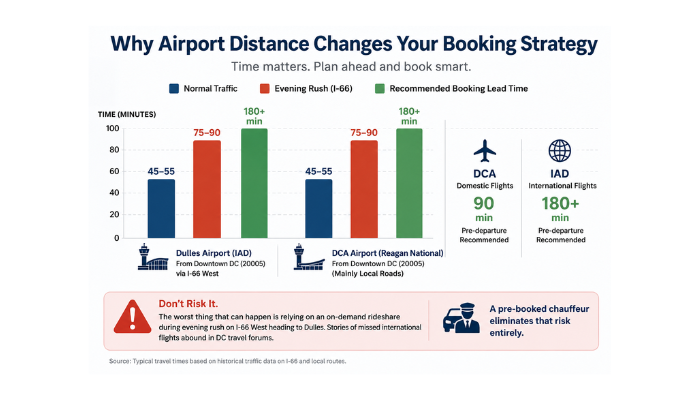 Bar graph infographic showing Washington DC airport chauffeur travel times to Dulles International Airport (IAD) and Reagan National Airport (DCA), comparing normal traffic, evening rush hour delays, and recommended pre-departure booking times for domestic and international flights.